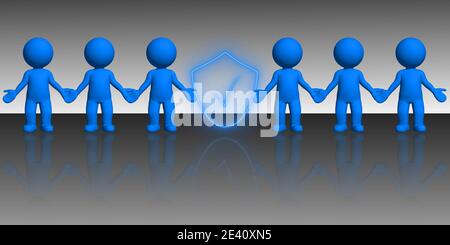 Safety sign - line of 3D people holding hands with safe shield in the middle - reflections on floor - abstract 3D-Illustration Stock Photo