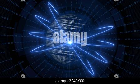 Abstract digital earth with binary code in blue design with binary rays and blurred hud elements on background - global communication network concept Stock Photo