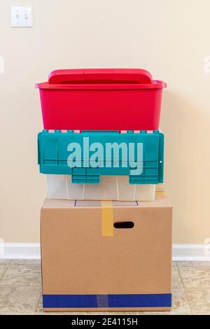 Vertical shot of residential storage containers in a stack. Stock Photo