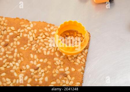 Ready carrot sponge cake with pine nuts. It is located on a metal surface. Close-up. Stock Photo
