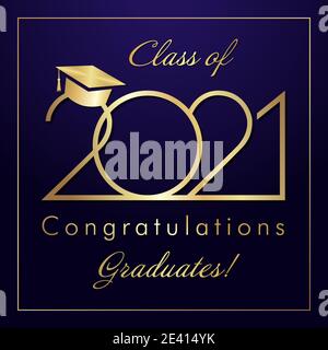 Class of 2021 year graduation banner, awards badge concept. Shiny sign, happy holiday invitation card, golden digits. Isolated abstract graphic design Stock Vector