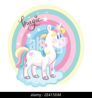 Cute unicorn standing on the cloud with melody symbols on rainbow ...
