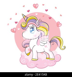Cute unicorn standing on the cloud with melody symbols on rainbow ...