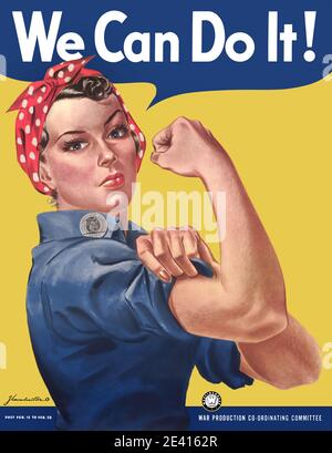 Rosie the Riveter American media icon associated with female defense workers during World War II.  Women workforce symbol we can do it poster Stock Photo