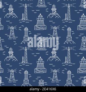 Lighthouses seamless pattern. Thin line vector design. Illustration Stock Vector