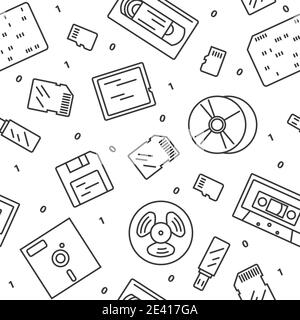 Media data storage devices evolution. Simple line vector seamless pattern. Illustration Stock Vector