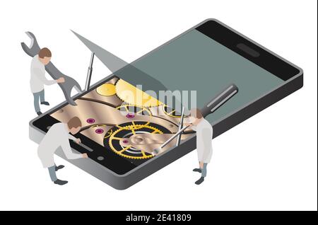 Mobile applications technology isometric collection. Software development and installation. Vector illustration Stock Vector