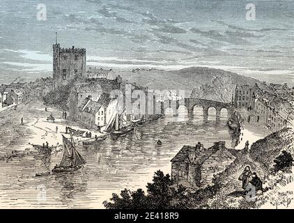 Historical view of Enniscorthy, 18th century, County Wexford, Ireland, From British Battles on Land and Sea, by James Grant Stock Photo