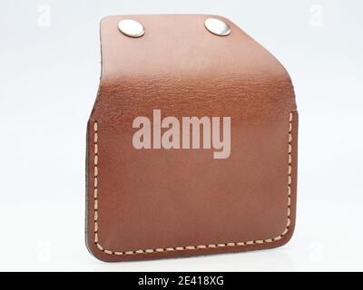 Open brown card holder back view isolated macro view Stock Photo