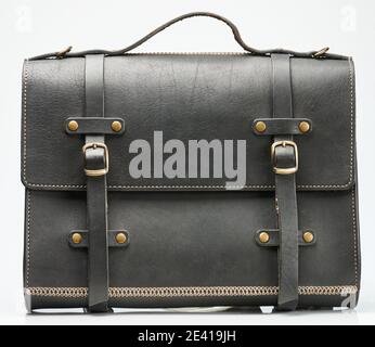Front view of black leather briefcase isolated on white studio background Stock Photo