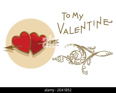 Two hearts pierced by an arrow. Valentine's Day Greeting Card Stock Vector