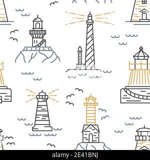 Lighthouses seamless pattern. Thin line vector design. Illustration Stock Vector