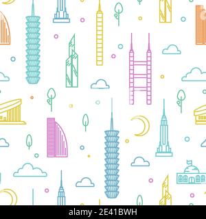 Skyscrapers simple line seamless pattern isolated on white. Vector illustration Stock Vector