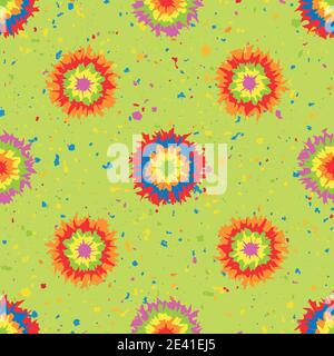Holi festival inspired paint tie dye circles seamless vector pattern background. Geometric tropical color painterly spatter design on speckled Stock Vector