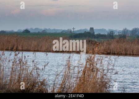 St Benet's Abbey across the River Bure. Upton marshes, December 2020 Stock Photo