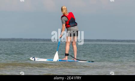 Bonnerup, Denmark - 15 Juli 2020: Girl on a surfboard, She has a paddle in her hand, and is equipped with safety equipment, The sun is shining and the