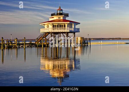 A replica of the second Choptank River Lighthouse, screw-pile lighthouse located near Oxford, in the Chesapeake Bay, Maryland, USA Stock Photo