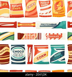 Snack product seamless pattern for vending machine fast food chips and chocolate bars vector illustration on white background Stock Vector