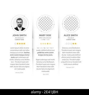 Simple white minimalistic testimonial review section layout template with photo placeholders and ratings Stock Vector
