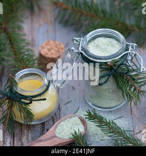 Norway spruce (Picea abies), selfmade products with spruce needles, spruce salt and creme, made of olive oil and beeswax, Germany Stock Photo