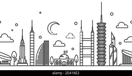Skyscrapers simple line seamless pattern isolated on white. Vector illustration Stock Vector