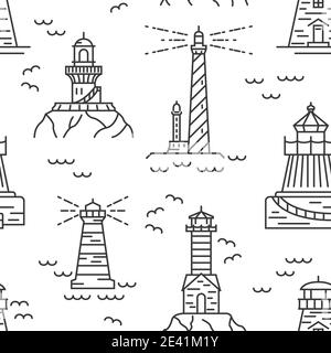 Lighthouses seamless pattern. Thin line vector design. Illustration Stock Vector