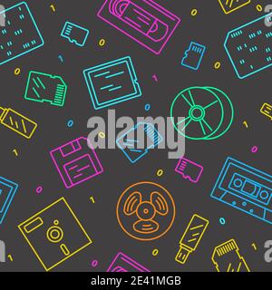 Media data storage devices evolution. Simple line vector seamless pattern. Illustration Stock Vector