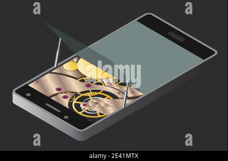 Mobile applications technology isometric collection. Software development and installation. Vector illustration Stock Vector