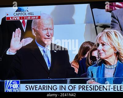 Washington, DC / USA - January 20, 2021: Fox News broadcasts live coverage of Joseph R. Biden, Jr, taking the Oath of Office as the 46th President.