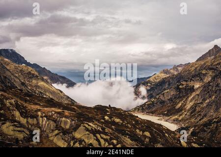 Morning mist in the mountains, Swiss Alps. Stock Photo