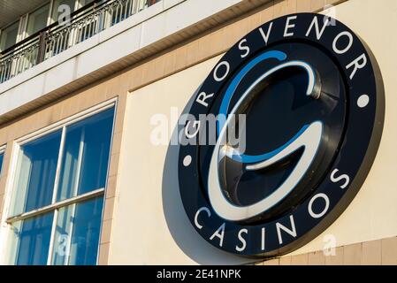 Grosvenor Casinos in The Palace Hotel which was the Metropole. Now Park Inn by Radisson Palace, Southend-on-Sea, Essex. On Southend seafront. Logo Stock Photo