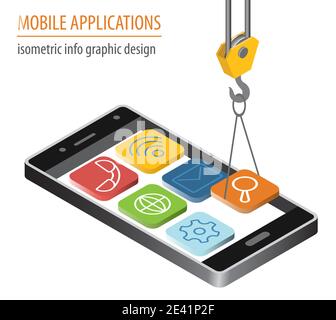 Mobile applications technology isometric collection. Software development and installation. Vector illustration Stock Vector