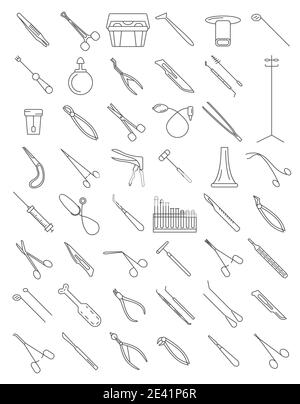 Medical instruments thin linear icon set. Gynecology, otorhinolaryngology, dentistry, surgery, therapy and other. Vector illustration Stock Vector