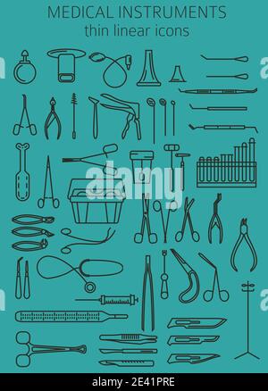 Medical instruments thin linear icon set. Gynecology, otorhinolaryngology, dentistry, surgery, therapy and other. Vector illustration Stock Vector