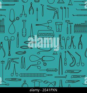 Medical instruments thin linear icon set. Gynecology, otorhinolaryngology, dentistry, surgery, therapy seamless pattern. Vector illustration Stock Vector