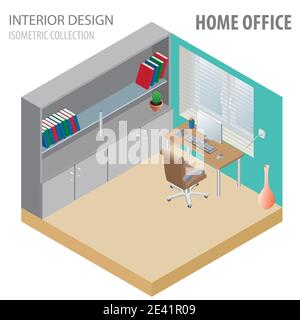 3d isometry interior design collection. Home office. Vector illustration Stock Vector