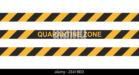 Danger tape quarantine zone. Warning tape fencing. Black and yellow vector diagonal stripes. Epidemic covid-19 orange tape quarantine zone inscription Stock Vector