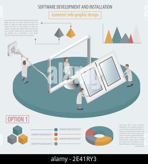 Computer technology isometric collection. Software development and installation. Vector illustration Stock Vector