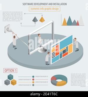 Computer technology isometric collection. Software development and installation. Vector illustration Stock Vector