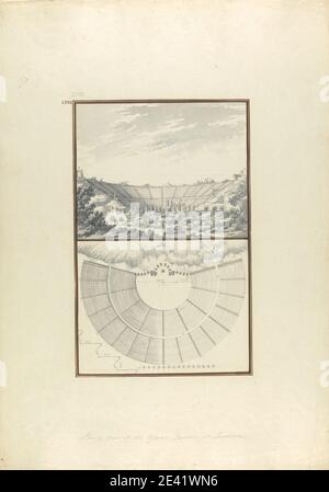 Giovanni Battista Borra, 1713â€“1770, Italian, Plan and View of the Third Theater at Laodicea, ca. 1750. Gray wash with black ink over graphite on moderately thick, moderately textured, beige laid paper.   amphitheater , arches , architectural subject , columns , ruins , scale (rule) , site plan , theater. Asia , Denizli Ili , Ege kiyilari , Laodicea , Turkey Stock Photo