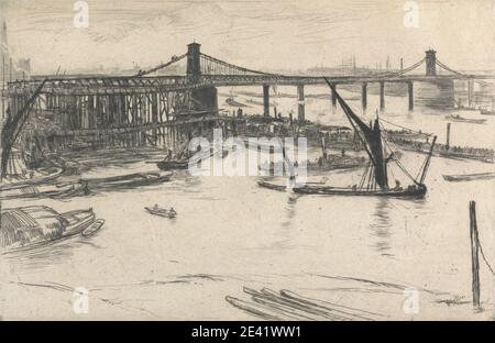 Print made by James McNeill Whistler, 1834â€“1903, American, active in Britain (from 1859), Old Hungerford Bridge, 1861. Etching on medium, slightly textured, cream laid paper.   architectural subject , boats , bridge (built work) , buildings , cityscape , industry , masts , river , sailboats. City of London , England , Greater London , London , Old Hungerford Bridge , Thames , United Kingdom Stock Photo