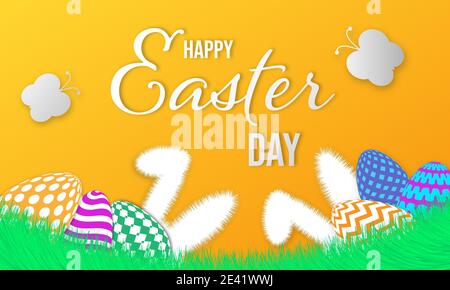 Happy Easter card with eggs, grass, bunny ears and butterflies.  illustration Stock Photo