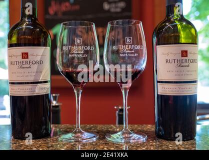 Cabernet Sauvignon sample bottle and glass at the Rutherford Ranch winery in Rutherford, Napa Valley, Northern California, USA Stock Photo