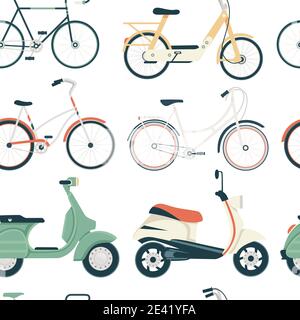 Seamless pattern of scooter and bicycle small city dual wheel transport for personal use or courier flat vector illustration Stock Vector