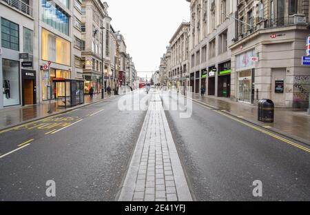 Daytime view of an empty Oxford Street in London during the third national coronavirus lockdown in England. January 2021.