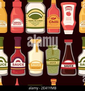 Seamless pattern of different sauces in glass bottles mayonnaise ketchup wasabi mustard vector illustration on dark background Stock Vector