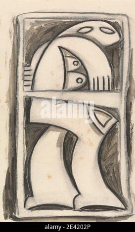 Henri Gaudier-Brzeska, 1891â€“1915, French, Standing Female Figure, between 1910 and 1915. Brushed black ink, brown wash and graphite on medium, slightly textured, cream wove paper.   abstract art , figure , figure study , standing , Vorticism Stock Photo