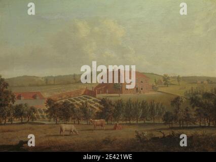 Dominic Serres RA, 1722â€“1793, French, active in Britain (from the 1750s), Saint Vincents, near West Malling, Kent, ca. 1779. Oil on canvas.   burial , cattle , children , country house , dwelling , family , fence , field , garden , gravel , grazing , hedges , hills , kitchen garden , landscape , lawn , livestock , men , pastures , pediment , trees , view , woman. Addington , England , Kent , United Kingdom , West Malling