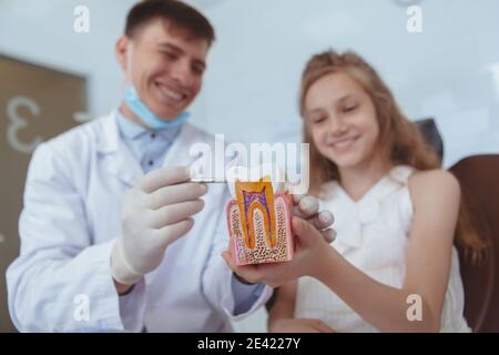Selective focus on a tooth model in the hands of professional dentist educating little girl. Lovely child sitting in dental chair during medical appoi Stock Photo