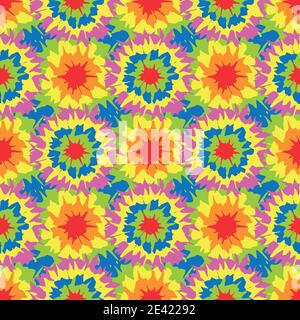 Tie dye circle star shapes seamless vector pattern background. Geometric backdrop with crochet quilt style tropical color painterly spatter design Stock Vector